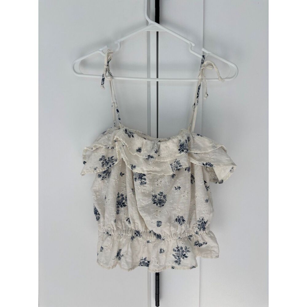 Cottagecore Blue Floral Eyelet Ruffle Tie Strap Top